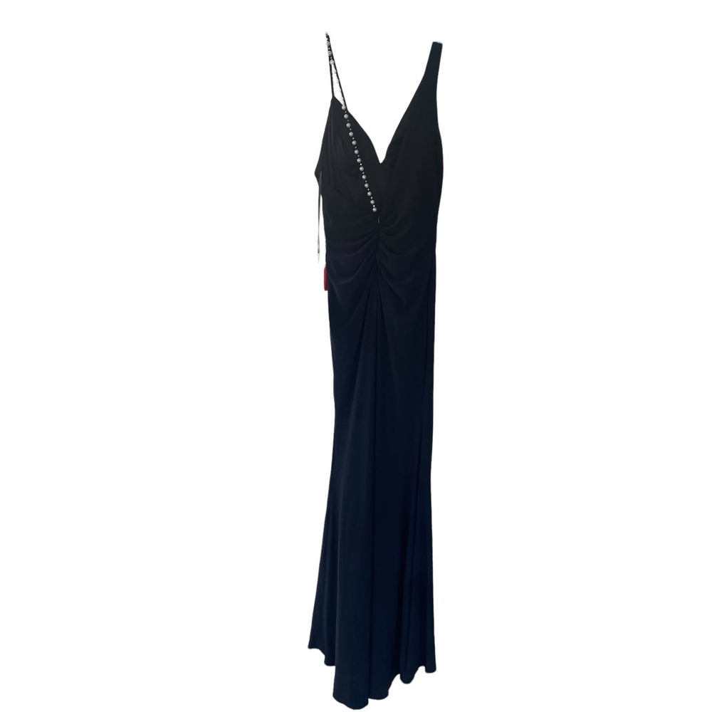 Mac Duggal Pearl Crystal Strap V Neck Front Slit Gown Black 2 - Picture 7 of 7